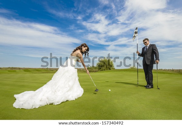 Happy Bride Groom Playing Golf Stock Photo (Edit Now) 157340492