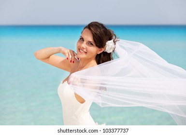 happy bride on a background of blue water of ocean. She is in her snow-white dress and veil flutters in the wind