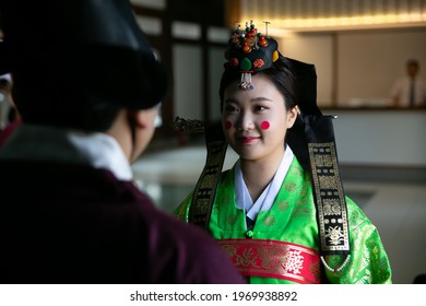 A Happy Bride At A Traditional Korean Wedding.