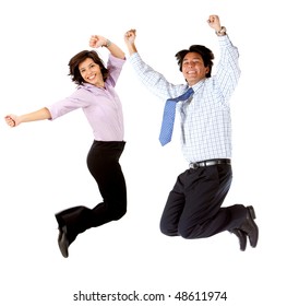 Happy Business Couple Jumping Isolated Over A White Background