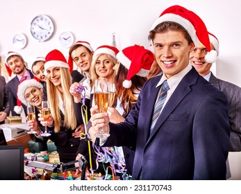 Happy Business Group People In Santa Hat At Xmas Party.