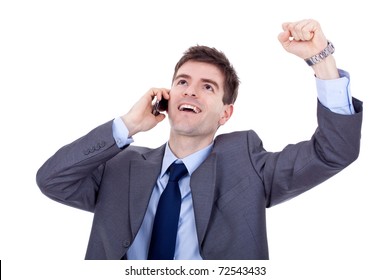 happy business man with cellular phone winning over white - Shutterstock ID 72543433