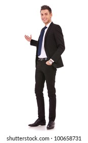 Happy Business Man Giving Presentation On White Background , Full Body Picture