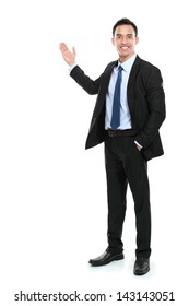 Happy Business Man Giving Presentation On Copy Space. Isolated Over White Background