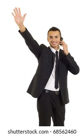 Happy Business Man Talking On The Mobile Phone And Waving, Isolated