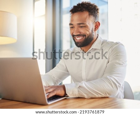 Happy business manager on laptop typing an email announcement for success or project management strategy online in office. Corporate professional smile for new website design at company startup