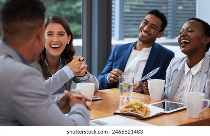 Happy, business people and collaboration for morning, meeting and breakfast in conference room. Men, women and diversity in office with pride, teamwork and group for discussion and international job - Powered by Shutterstock