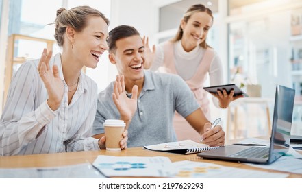 Happy Business People In A Conference Or Video Call, Waving And Smiling In An Online Meeting In An Office. Corporate Employee Excited For Online Training Or Coaching, Greeting Virtual Coach Or Mentor