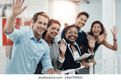 Happy, business people and hand waving to new employee for welcome, hello and recruitment in office. Smile, corporate group and team building with greeting for trainees, onboarding and collaboration