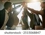 Happy, business people and hands together with team for collaboration, motivation or success at office. Group, employees and high five with unity for solidarity, community or mission at workplace