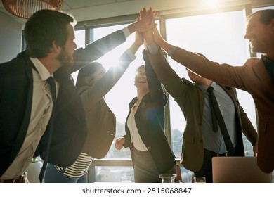 Happy, business people and hands together with team for collaboration, motivation or success at office. Group, employees and high five with unity for solidarity, community or mission at workplace - Powered by Shutterstock