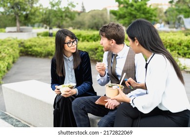 Happy Business People Having A Lunch Break Outside Office