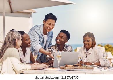 Happy Business People With A Laptop And Champagne At A Restaurant Meeting For Online Website Launch. Workers With Wine Glasses And Smile At A Staff Party Event Celebration Of Project Goal Teamwork