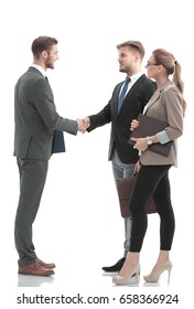 Happy Business People Making Handshake  Isolated On White