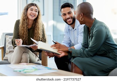 Happy Business People Smile During A Planning Meeting In A Startup Marketing Agency Office. Diversity, Collaboration And Teamwork In A Healthy Work Environment In An International Advertising Company