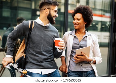 Happy Business People, Students Having Fun, Smiling, Talking In The City