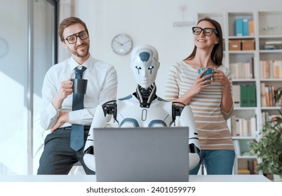 Happy business people supervising an AI robot working in the office - Powered by Shutterstock