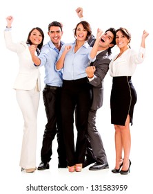 Happy Business Team Celebrating With Arms Up - Isolated Over White