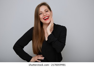 Happy Business Woman In Black Holding Hands On Hip And Touching Face, Isolated Female Office Worker Portrait.