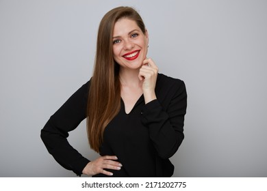 Happy Business Woman In Black Holding Hands On Hip And Touching Face, Isolated Female Office Worker Portrait.