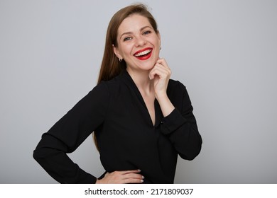 Happy Business Woman In Black Holding Hands On Hip And Touching Face, Isolated Female Office Worker Portrait.