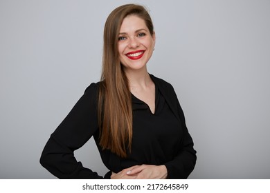 Happy Business Woman In Black Holding Hands On Hip And Touching Face, Isolated Female Office Worker Portrait.