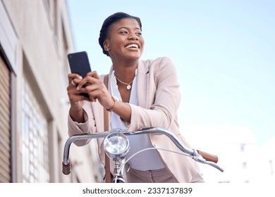 Happy business woman in city with bike, phone and morning commute, checking location or social media. Eco friendly transport bicycle, cycling and African girl with mobile app, smile and work travel. - Powered by Shutterstock