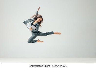 Happy Business Woman Dancing And Smiling In Motion Isolated Over White Studio Background. Human Emotions Concept.  The Businesswoman, Office, Success, Elegance, Grace, Performer, Flexible Concepts