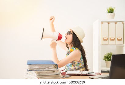 Happy Business Woman Excited To Call For Holiday And Holding Loudspeaker Try To Escape The Job Working. Mixed Race Asian Chinese Model.