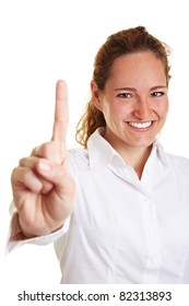 Happy Business Woman Holding Her Index Finger Up