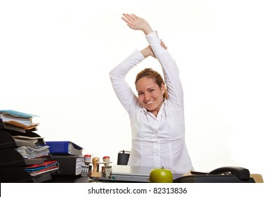 Happy Business Woman Loosen Up At Her Desk At Work