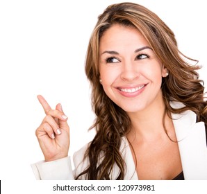 Happy Business Woman Pointing An Idea - Isolated Over White