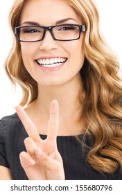 Happy Business Woman Showing Two Fingers Or Victory Gesture, Isolated Over White Background