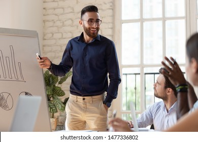 Happy Businessman Coach Speaker And Diverse Team People Discuss Business Presentation At Corporate Training, Smiling Male Manager Presenter Work With Flip Chart Talk To Audience At Lecture Workshop