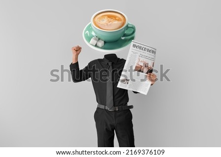 Happy businessman with cup of hot coffee instead of his head and newspaper on light background
