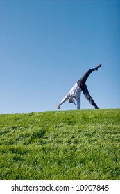 Happy Businessman Doing Summersault On Grass