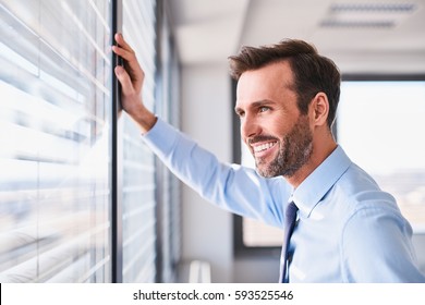 Happy businessman in office looking out the window