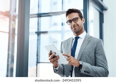 Happy, businessman and portrait with tablet in office for networking, client communication and legal research. Male paralegal, technology and online for case management, document review and drafting. - Powered by Shutterstock