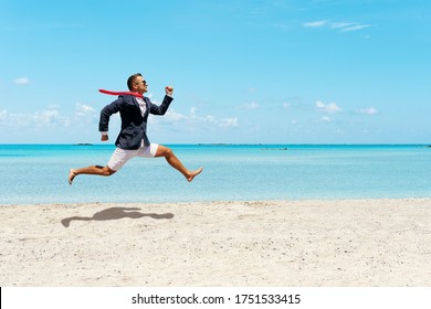 Happy businessman running away from office work on the beach. Summer vacation concept. - Powered by Shutterstock