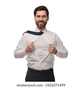 Happy businessman wearing superhero costume under suit on white background