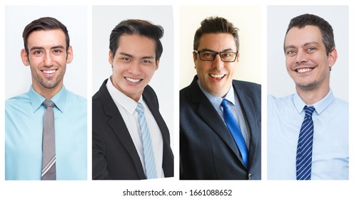 Happy Businessmen Portrait Collage. Successful Smiling Business Leaders Wearing Office Clothes And Ties. Multiscreen Montage, Split Screen Collage. Business Portraits Concept