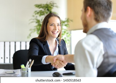 Happy businesspeople handshaking after deal or interview at office