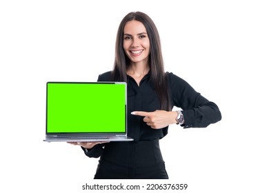 Happy Businesswoman Pointing At Open Laptop Computer With Green Screen Chroma Key Effect Mockup