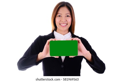 Happy businesswoman smiling and holding green banner on white background.