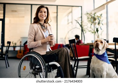 Happy businesswoman uses wheelchair while being with her assistance dog at work. - Powered by Shutterstock