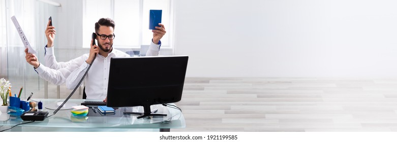 Happy Busy Boss In Office Multitasking. Workload At Workplace - Shutterstock ID 1921199585
