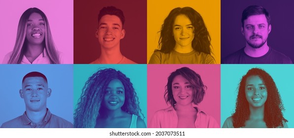 Happy, Calm, Joy. Collage Of Young Beautiful Smiling People Isolated Over Multicolored Background. Duotone Effect. Concept Of Emotions, Feelings, Facial Expression, Ad