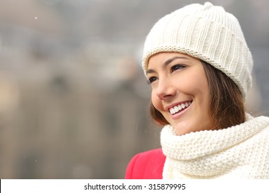 Happy Candid Girl With White Teeth And Perfect Smile Warmly Clothed In Winter