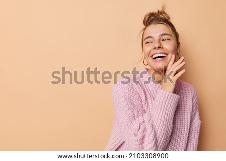 Similar – Image, Stock Photo beautiful caucasian woman with her cute brown poodle dog at sunset in countryside. Pets and lifestyle outdoors