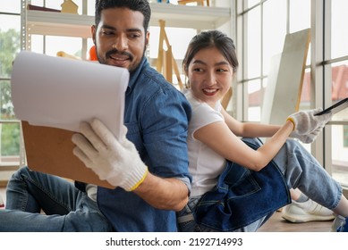 Happy Carpenters Designing And Planing Wood Products In Workshop, Smiling Couple Of Joiners In Joinery, Woodworking Job Concept